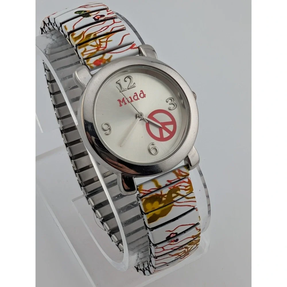 Mudd Watch Women 30mm Case Peace Sign‎ Dial Butterfly Stretch Band- New Battery